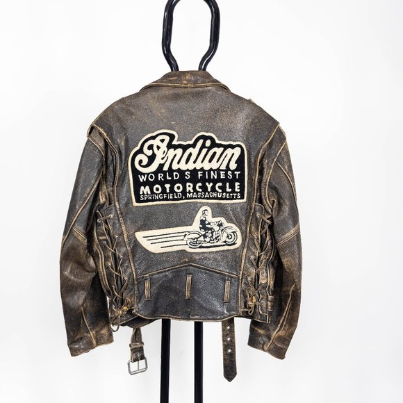 VTG 90’s Indian Motorcycle Patch Brown Leather Rider Jacket Rare - Picture 1 of 9